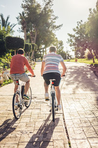 Rear view of people riding bicycle