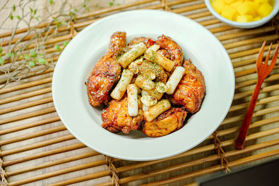 High angle view of food in plate on table