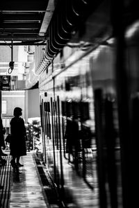 Rear view of man walking on train