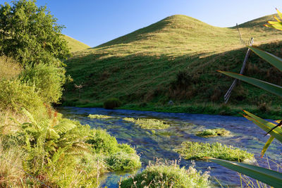 Scenic view of river amidst mountains against sky