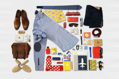High angle view of various shoes on table