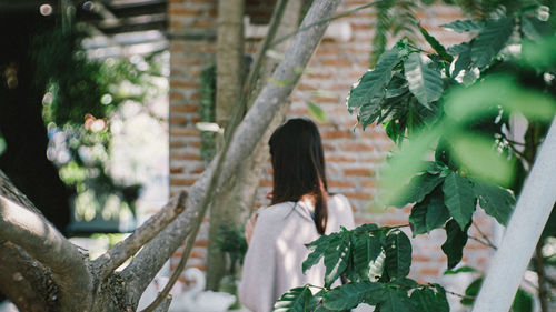 Rear view of woman walking on plants