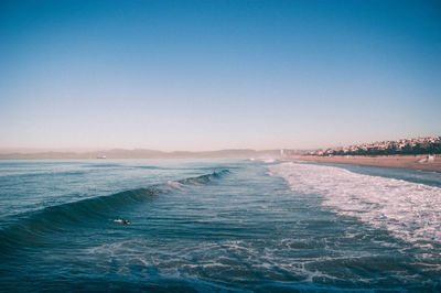 Scenic view of sea against clear blue sky