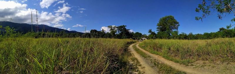 Dirt road amidst field against sky