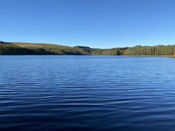 Scenic view of lake against clear blue sky