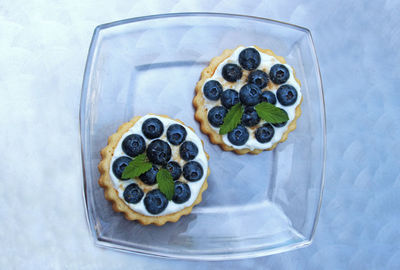 High angle view of dessert in plate on table