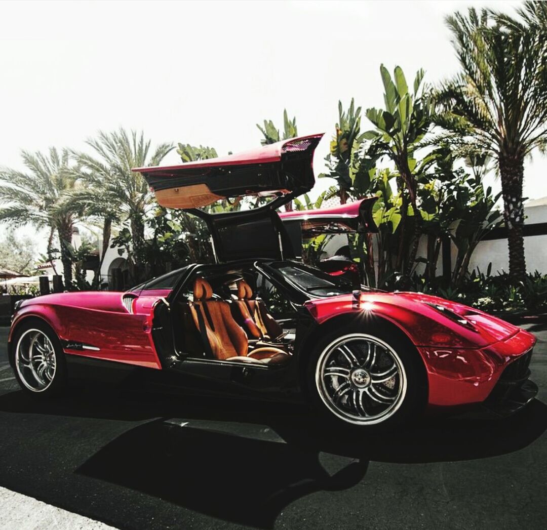 land vehicle, car, transportation, mode of transport, tree, street, clear sky, stationary, parking, road, sky, motorcycle, palm tree, parked, day, sunlight, travel, outdoors, vehicle, side view