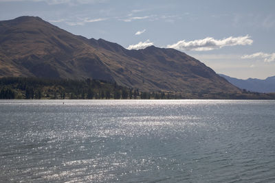 Scenic view of lake by mountains against sky