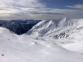 Scenic view of snowcapped mountains against sky