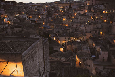 High angle view of illuminated buildings in town