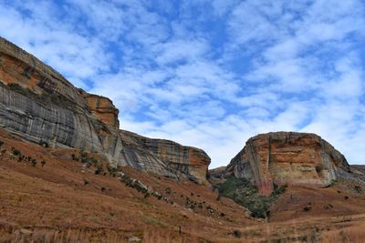 Low angle view of rock formations against cloudy sky