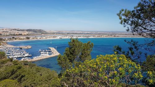 High angle view of sea and trees against sky