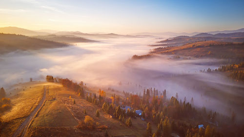 High angle view of landscape against sky during sunset