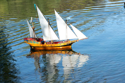 High angle view of ship sailing in lake