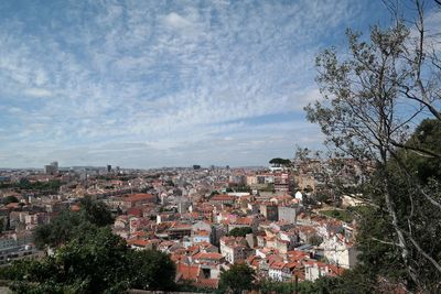 High angle view of cityscape against cloudy sky