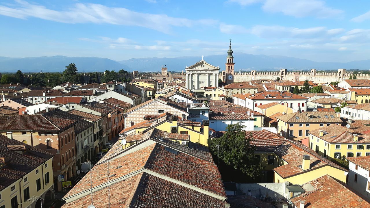 HIGH ANGLE VIEW OF TOWN AGAINST SKY IN CITY