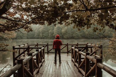 Rear view of woman standing on footbridge