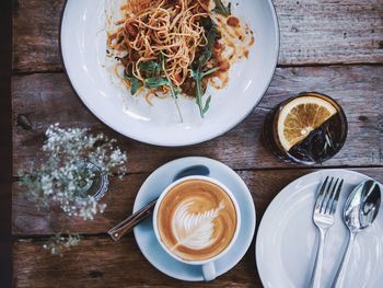 High angle view of breakfast served on table