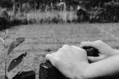 Close-up of human hands on wood