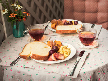 Close-up of breakfast served on table