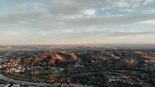 High angle shot of townscape against sky