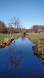 Scenic view of lake against clear blue sky