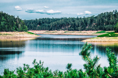 Low tide during summer at a water reservoir in france