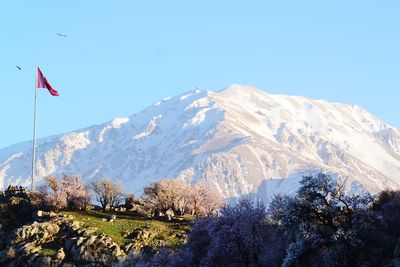 Scenic view of snowcapped mountain against sky during winter