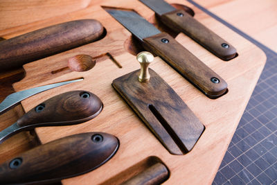 High angle view of work tools on table