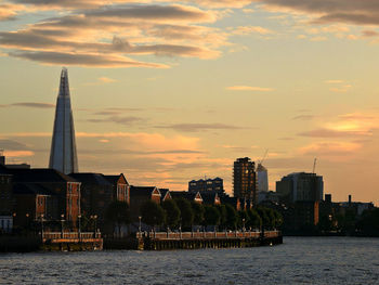 City at waterfront during sunset
