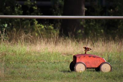 View of horse cart on field
