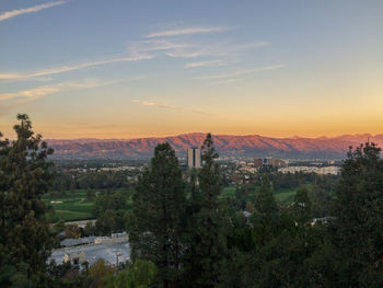 High angle view of townscape against sky during sunset