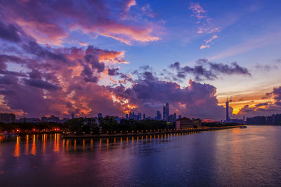 Scenic view of river by buildings against sky during sunset