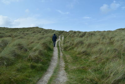 Rear view of man walking on field against sky