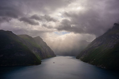 Scenic view of river amidst mountains against sky