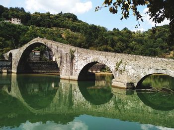 Arch bridge over river against sky