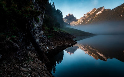 Scenic view of lake and mountains against sky