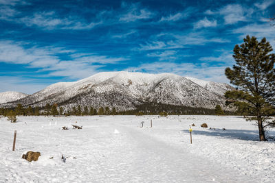 Scenic view of snow covered mountains against sky