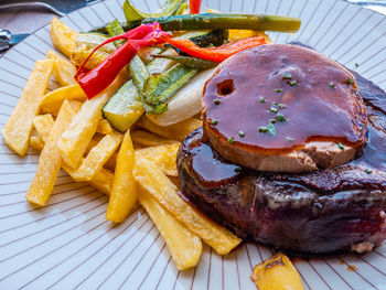 Close-up of burger on table