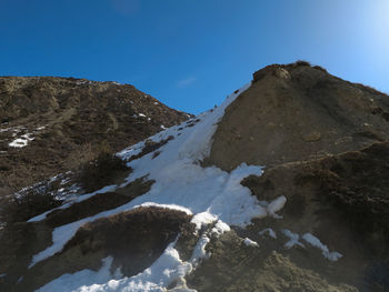 Scenic view of snowcapped mountains against clear blue sky