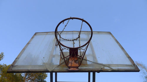 Low angle view of basketball hoop against clear blue sky