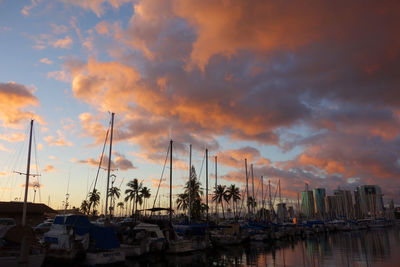 Boats moored at harbor during sunset