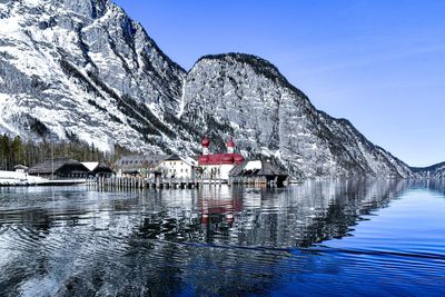 Scenic view of lake against clear blue sky