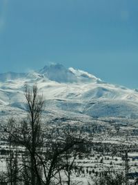 Scenic view of snowcapped mountains against clear sky