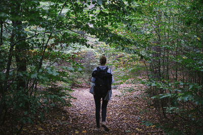 Rear view of woman walking in forest