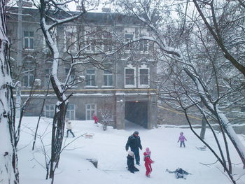Snow covered trees in city