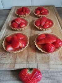 High angle view of strawberries on table