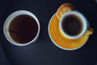 High angle view of coffee cup on table