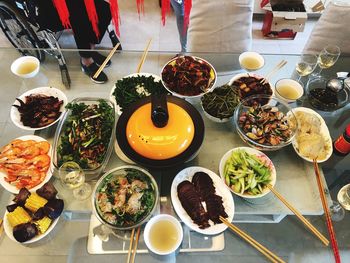 High angle view of food served on table