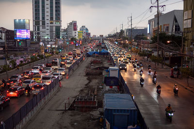 High angle view of city street at dusk